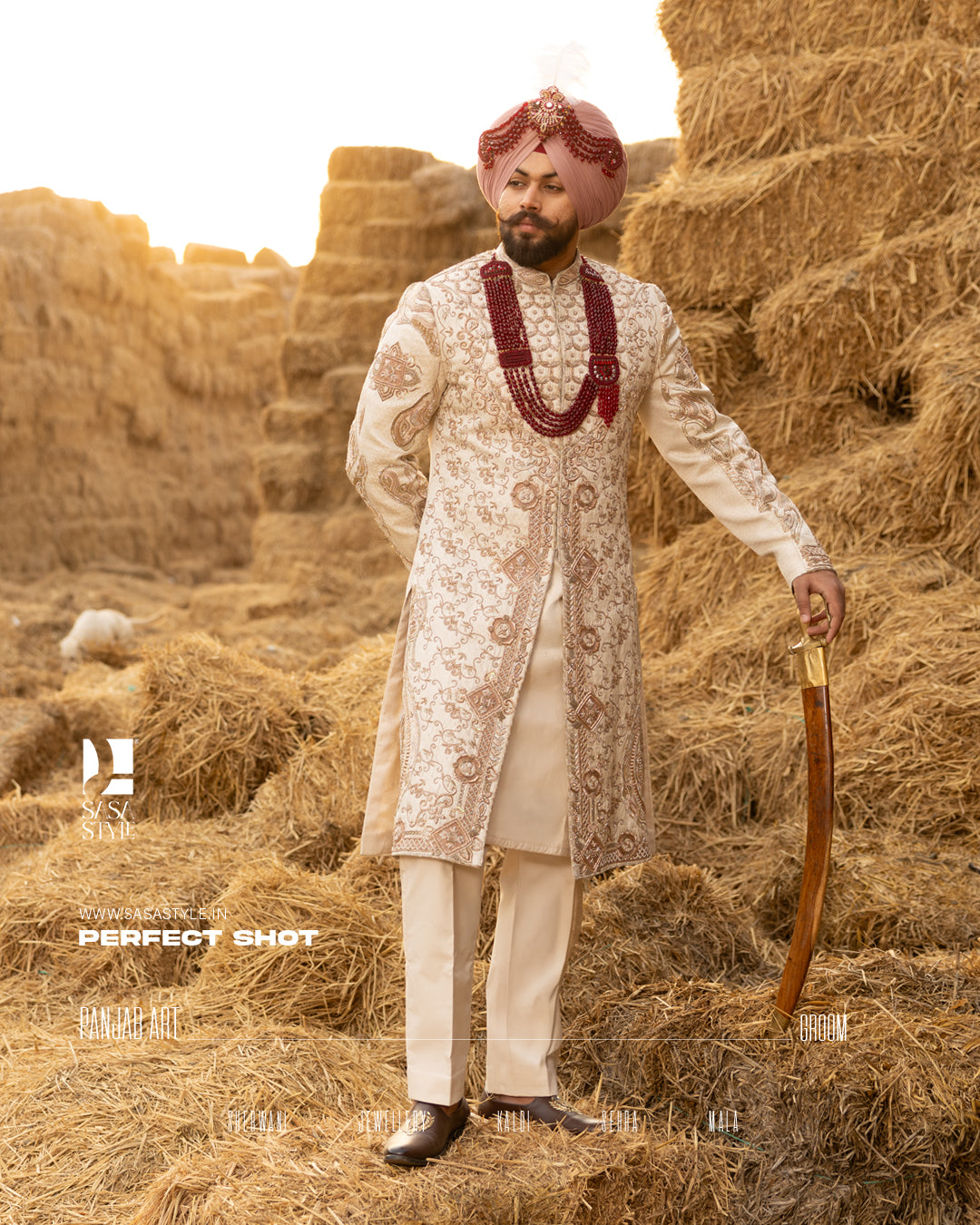 Off-White Royal Sherwani with Traditional Sehra and Red Accents