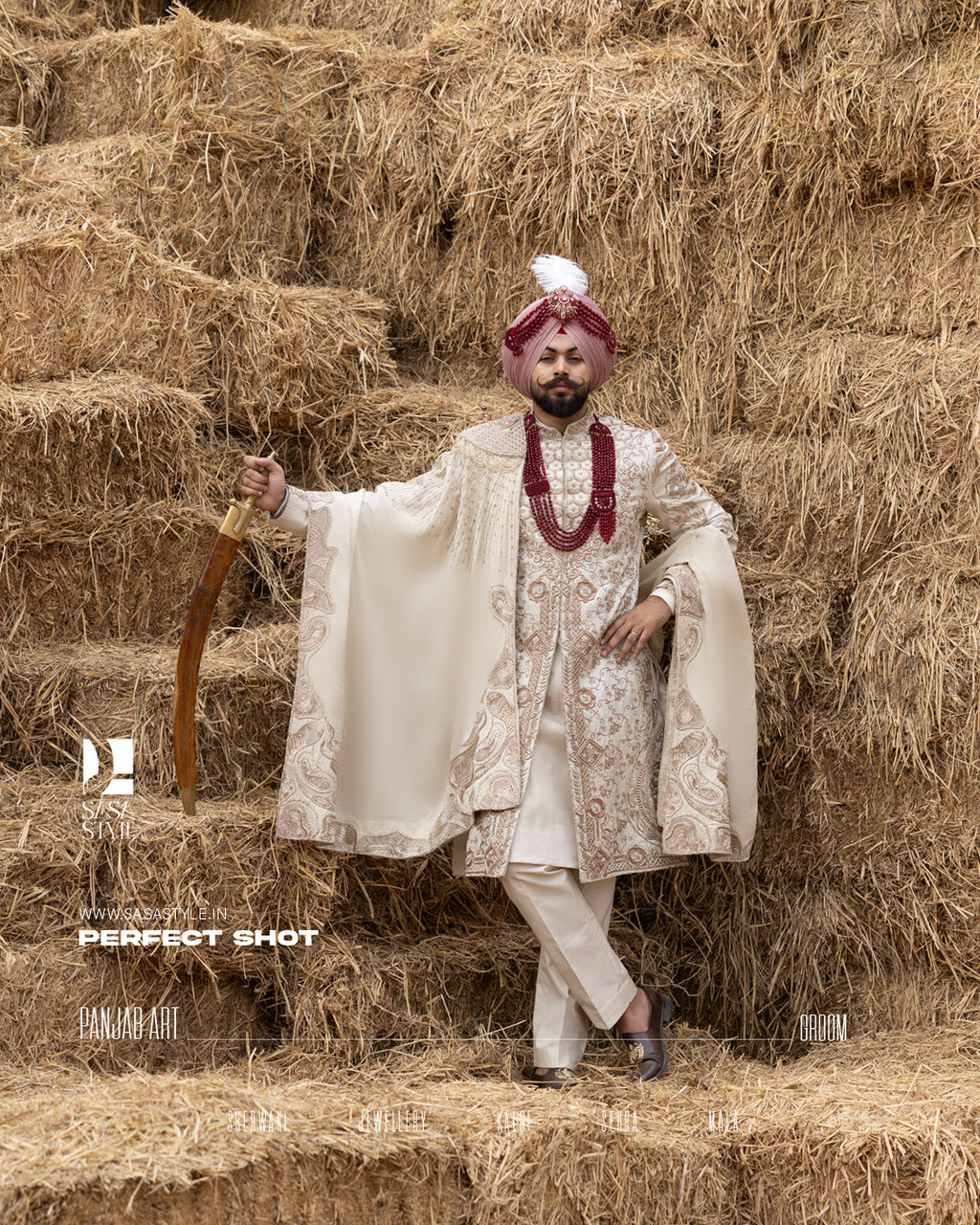 Off-White Royal Sherwani with Traditional Sehra and Red Accents