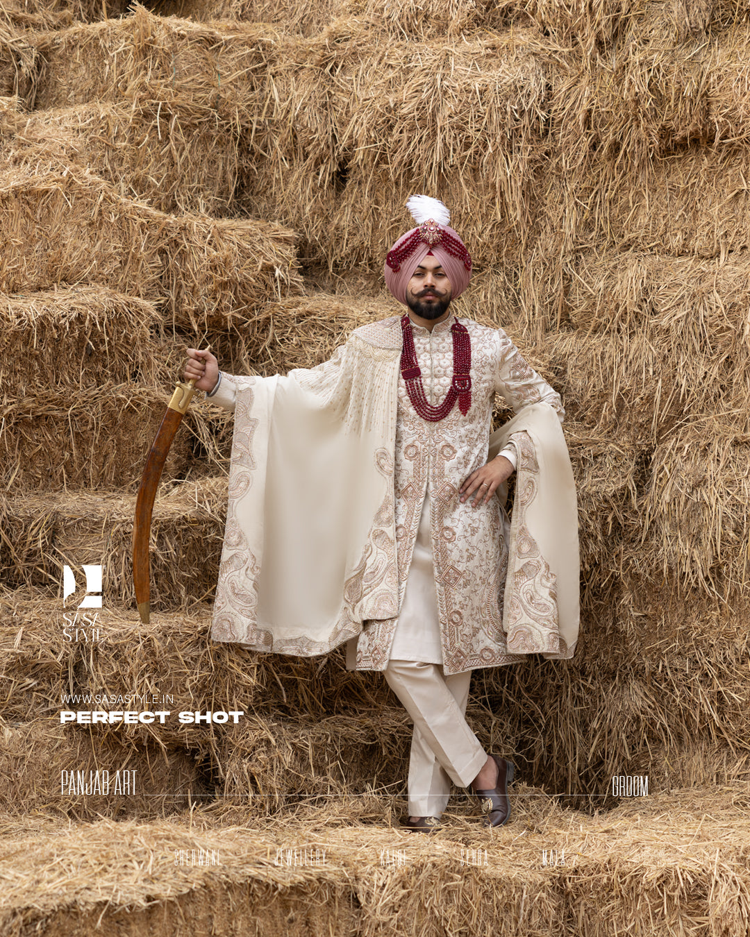 Off-White Royal Sherwani with Traditional Sehra and Red Accents