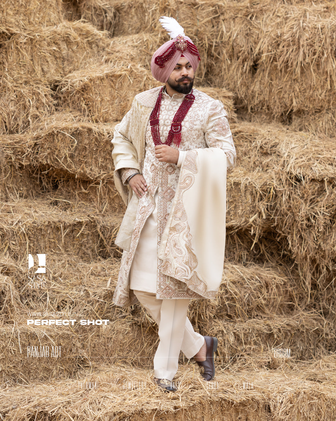 Off-White Royal Sherwani with Traditional Sehra and Red Accents