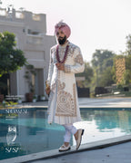 Ivory Brocade Angrakha Sherwani with Antique Gold Hand Embroidery