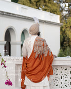 Ivory Brocade Sherwani with Orange Hand-Embroidered 3D Silk Palla