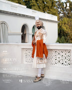 Ivory Brocade Sherwani with Orange Hand-Embroidered 3D Silk Palla