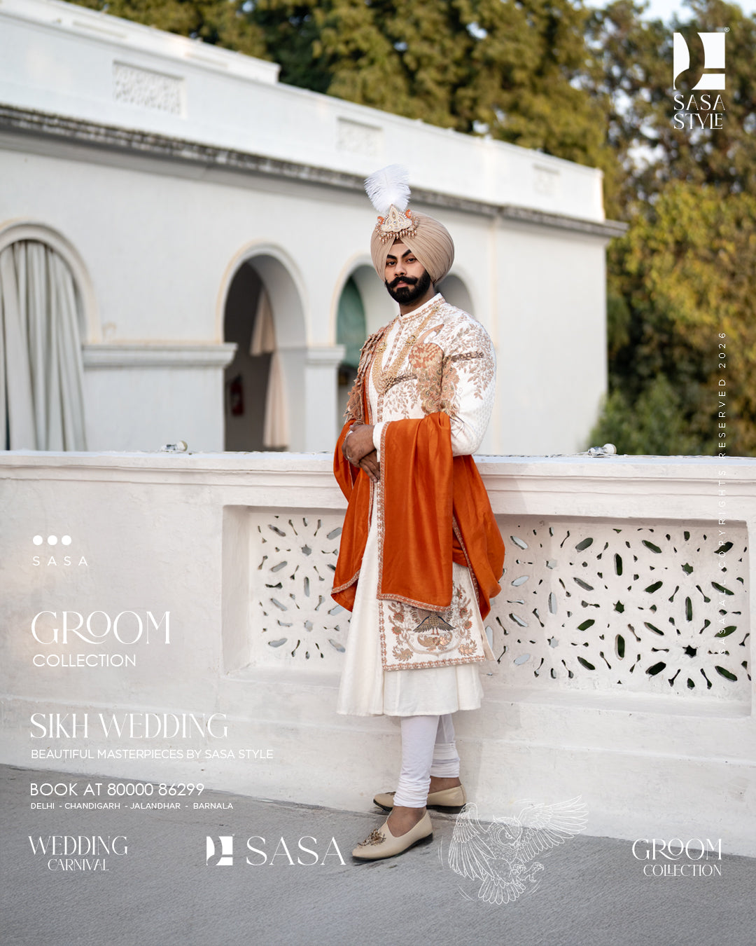 Ivory Brocade Sherwani with Orange Hand-Embroidered 3D Silk Palla