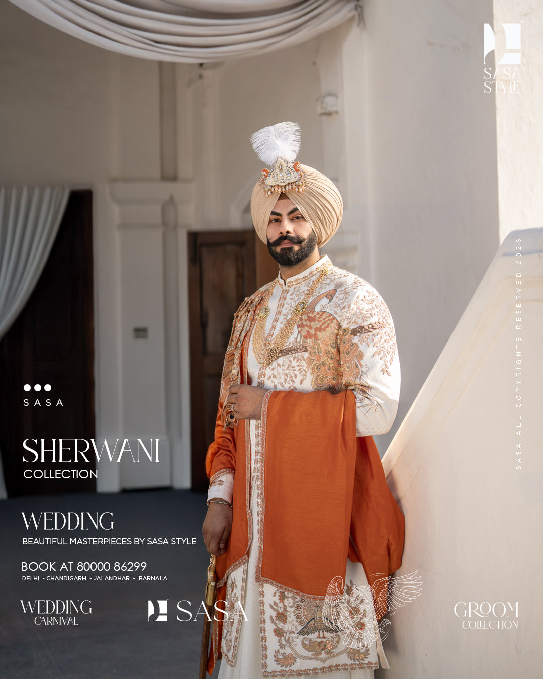 Ivory Brocade Sherwani with Orange Hand-Embroidered 3D Silk Palla