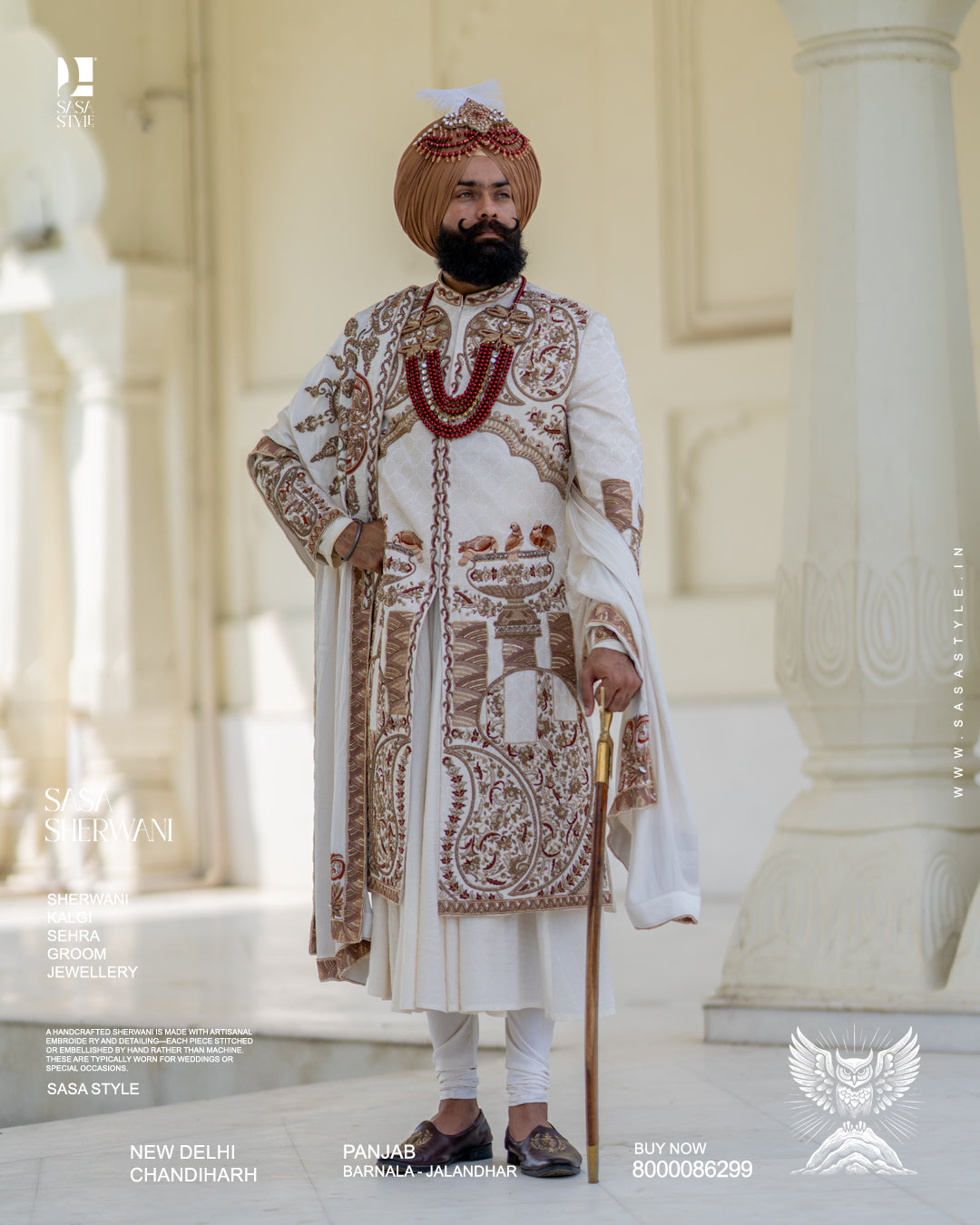 Ivory Sherwani for Grooms Featuring Antique Gold Resham and Zari Hand Embroidery