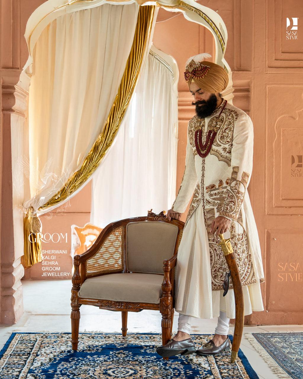 Ivory Sherwani for Grooms Featuring Antique Gold Resham and Zari Hand Embroidery