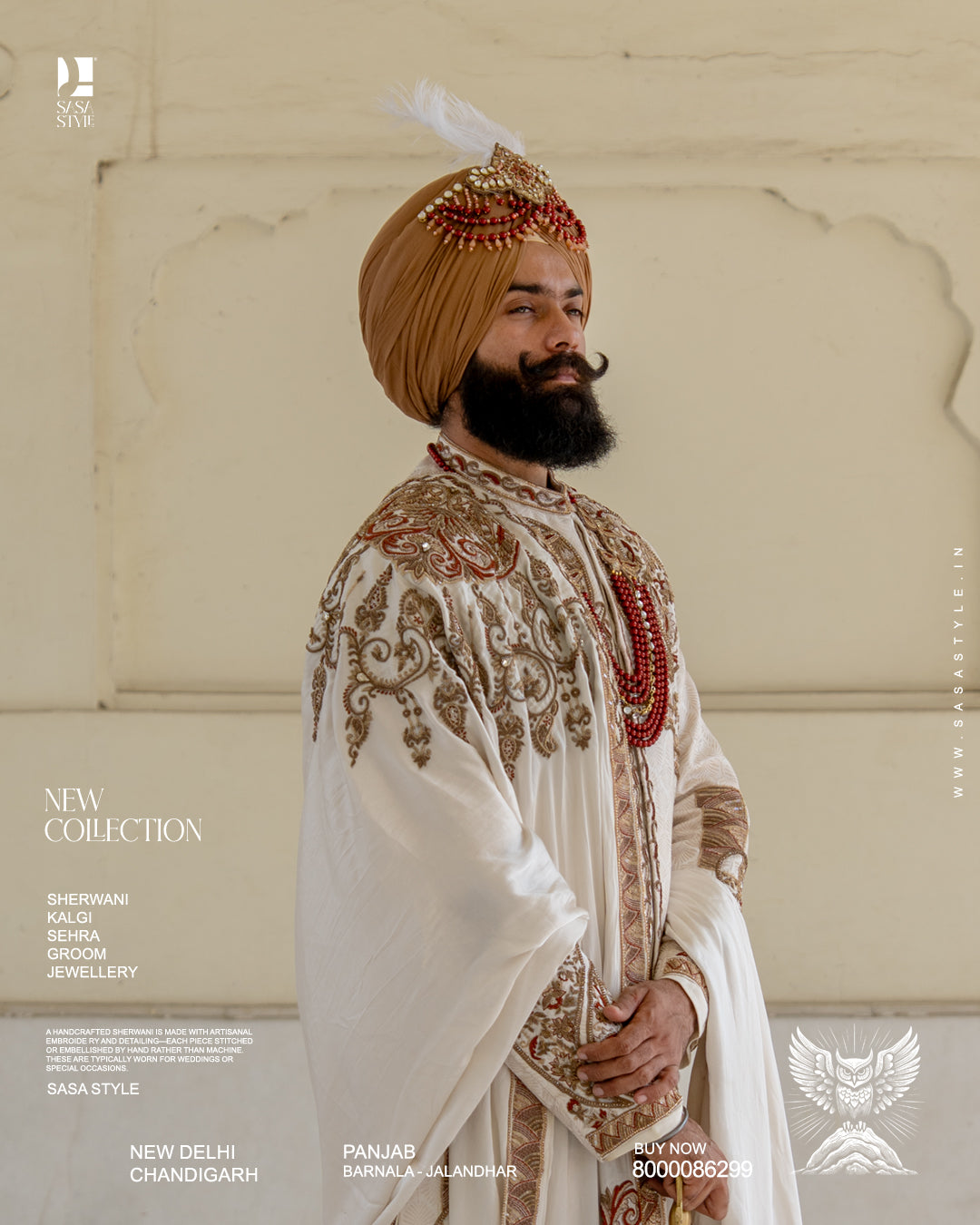 Ivory Sherwani for Grooms Featuring Antique Gold Resham and Zari Hand Embroidery
