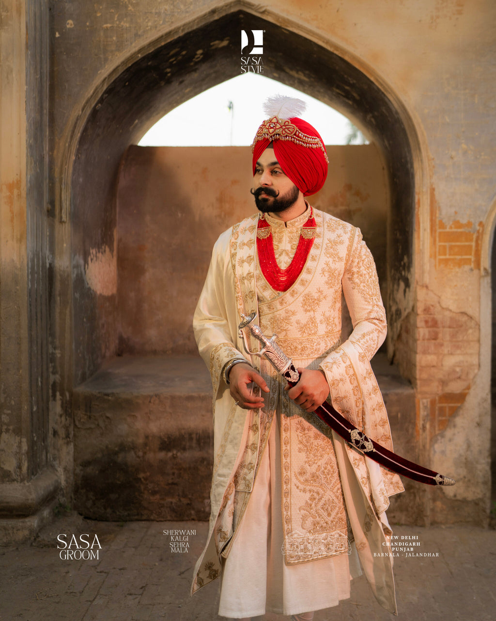 Ivory Sherwani for Wedding with Gold Embroidery Floral Jaal Design