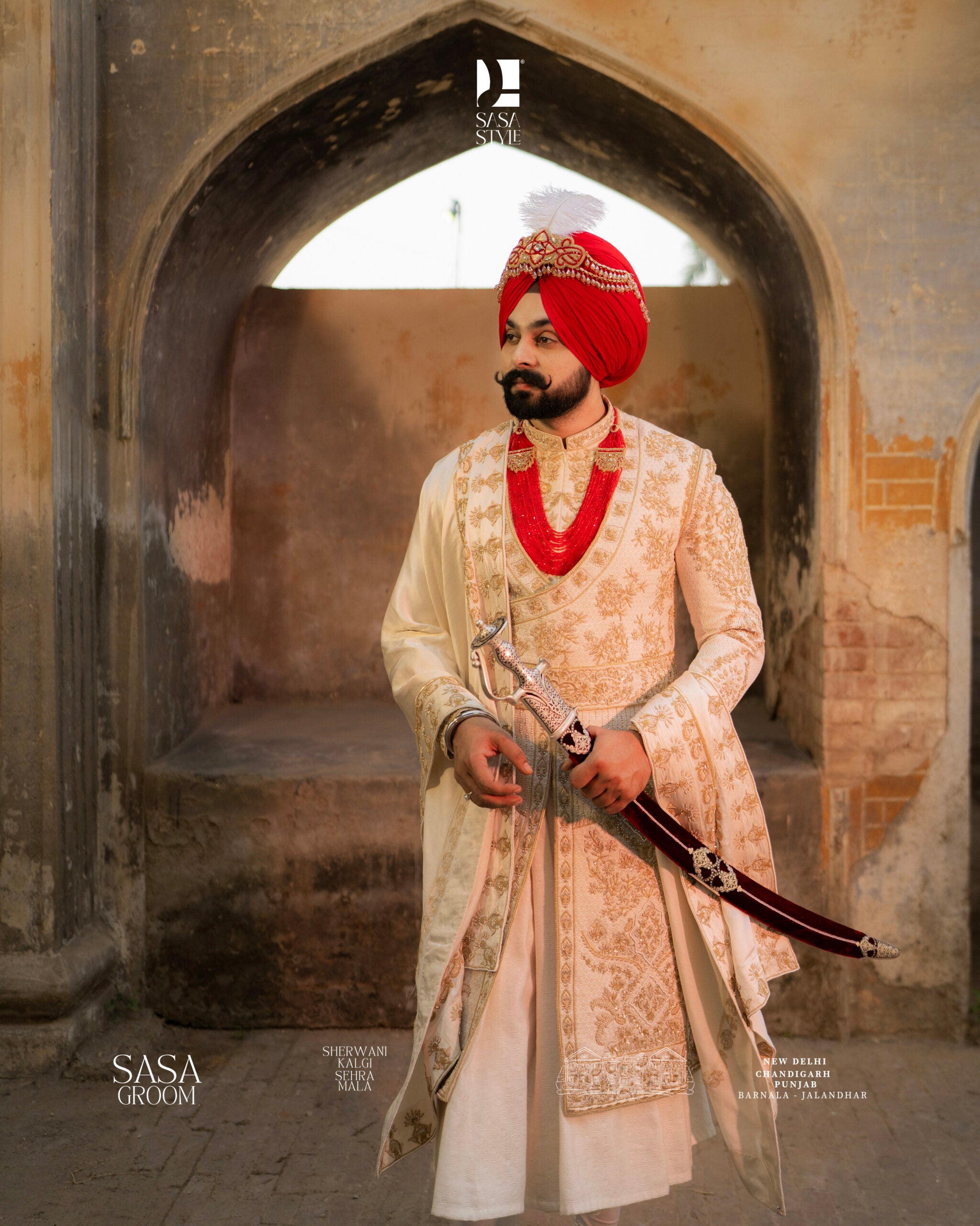 Ivory Sherwani for Wedding with Gold Embroidery Floral Jaal Design