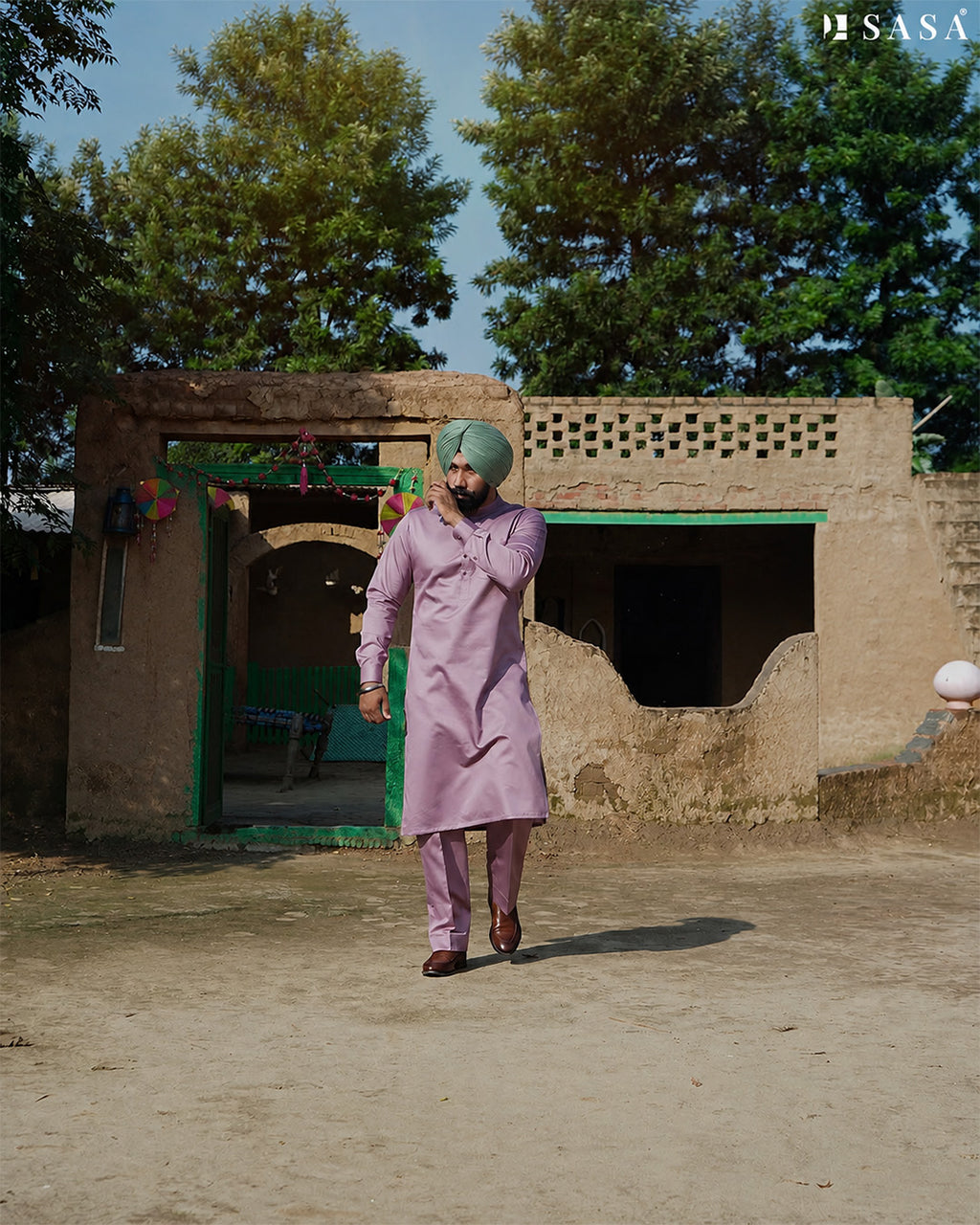 Azure Blue Embroidered Nehru Jacket with Pink Kurta Pajama