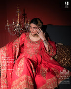 Coral Red Anarkali with Intricate Golden Embroidery