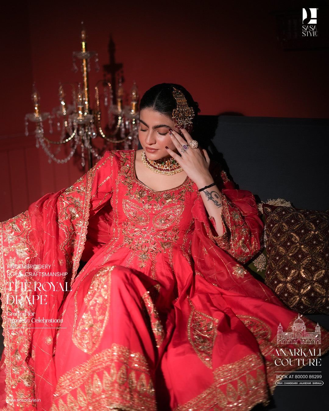 Coral Red Anarkali with Intricate Golden Embroidery