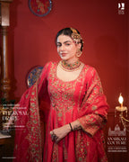 Coral Red Anarkali with Intricate Golden Embroidery