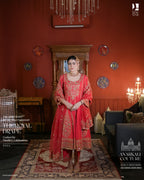 Coral Red Anarkali with Intricate Golden Embroidery