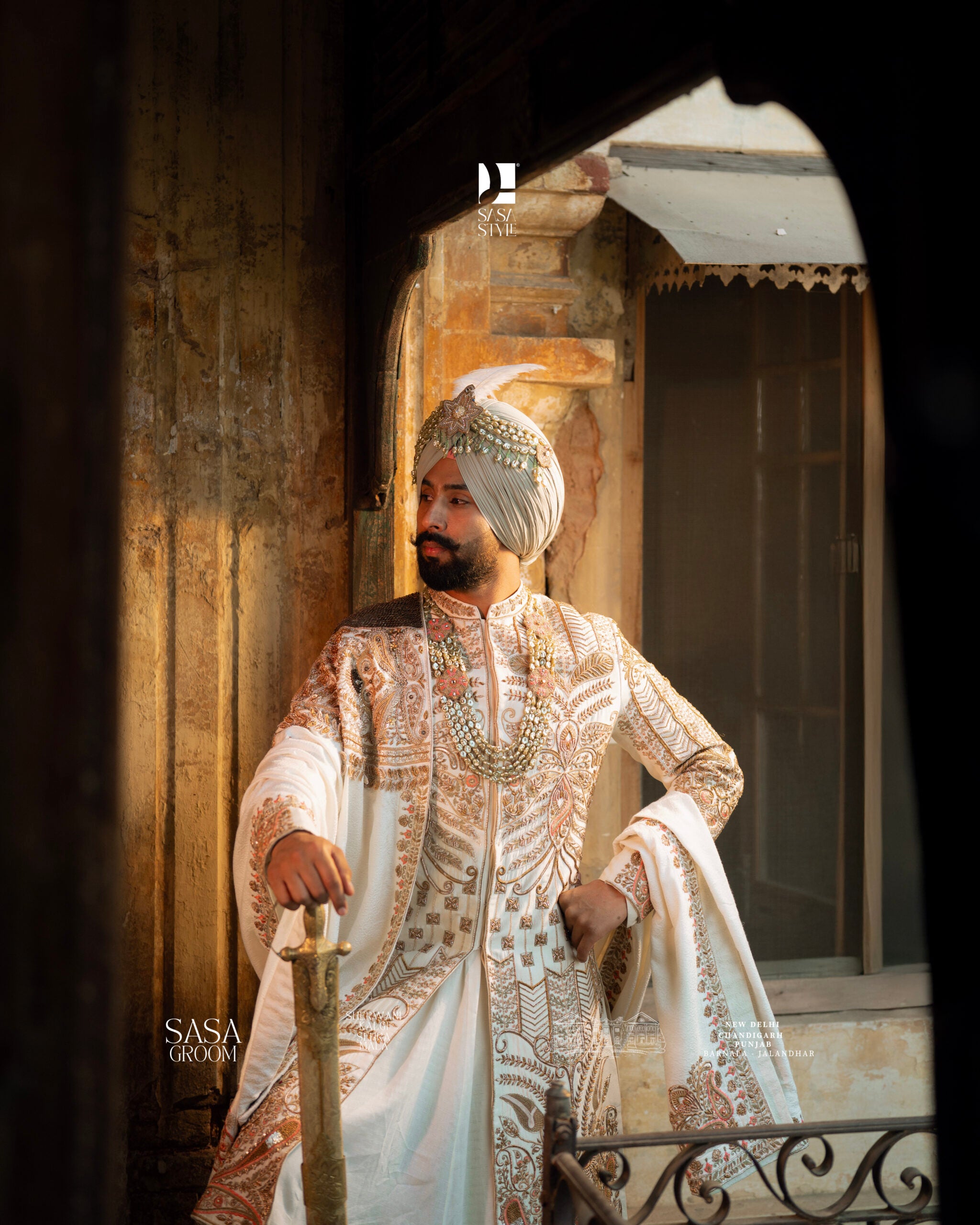 Magnificent Cream Sherwani with Gold-Copper Embroidery & Royal Turban