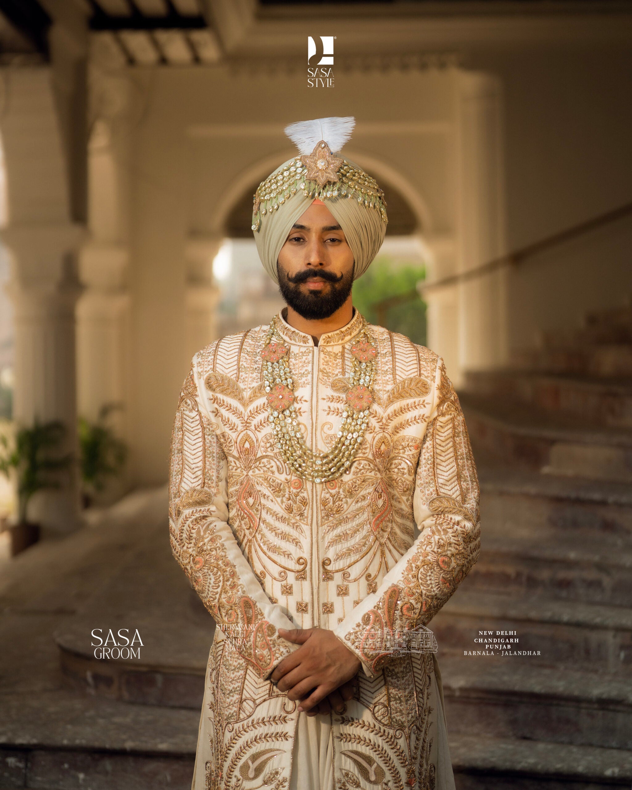 Magnificent Cream Sherwani with Gold-Copper Embroidery & Royal Turban