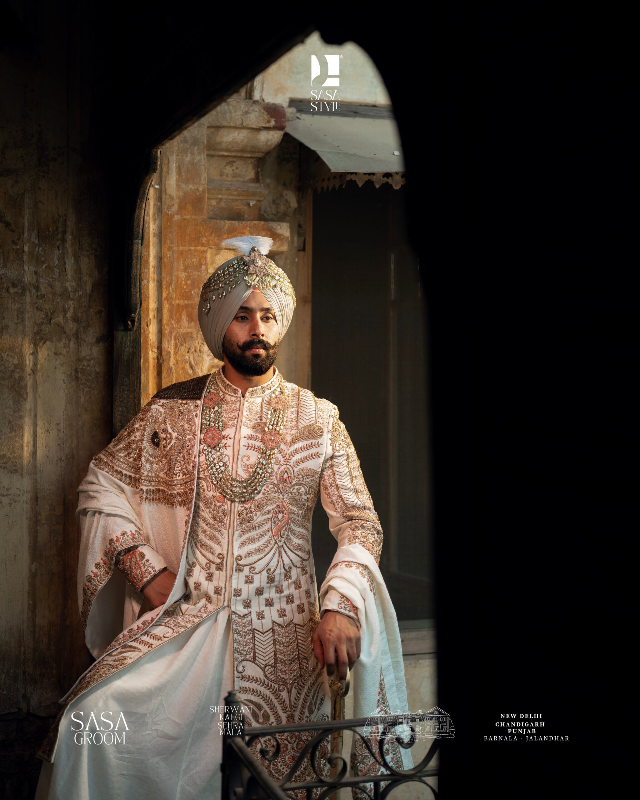 Magnificent Cream Sherwani with Gold-Copper Embroidery & Royal Turban