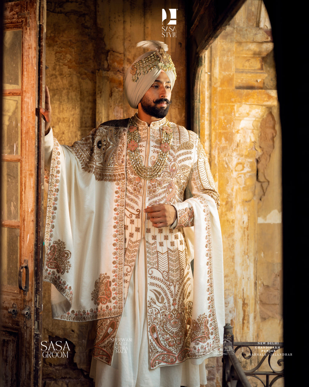 Magnificent Cream Sherwani with Gold-Copper Embroidery & Royal Turban