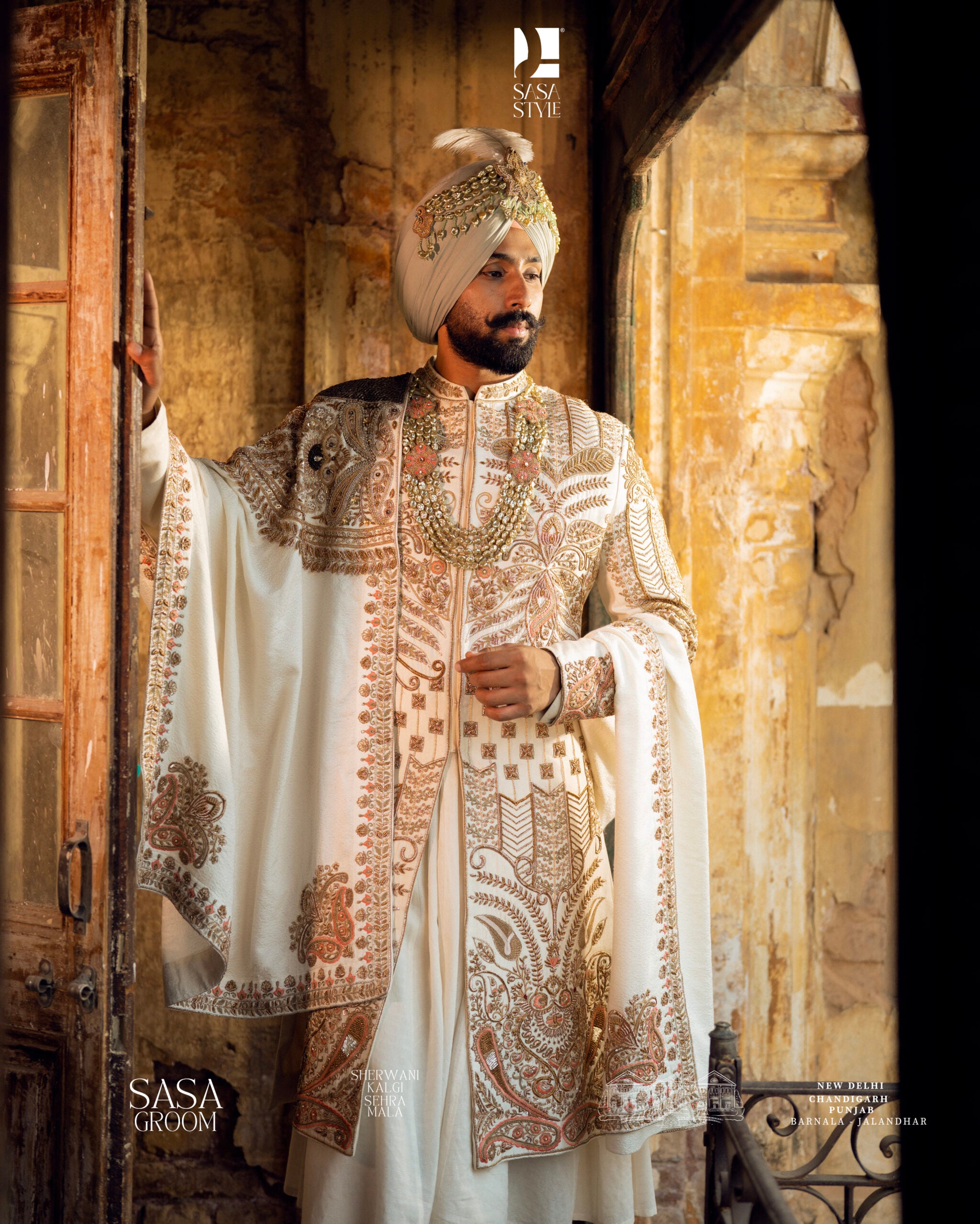 Magnificent Cream Sherwani with Gold-Copper Embroidery & Royal Turban