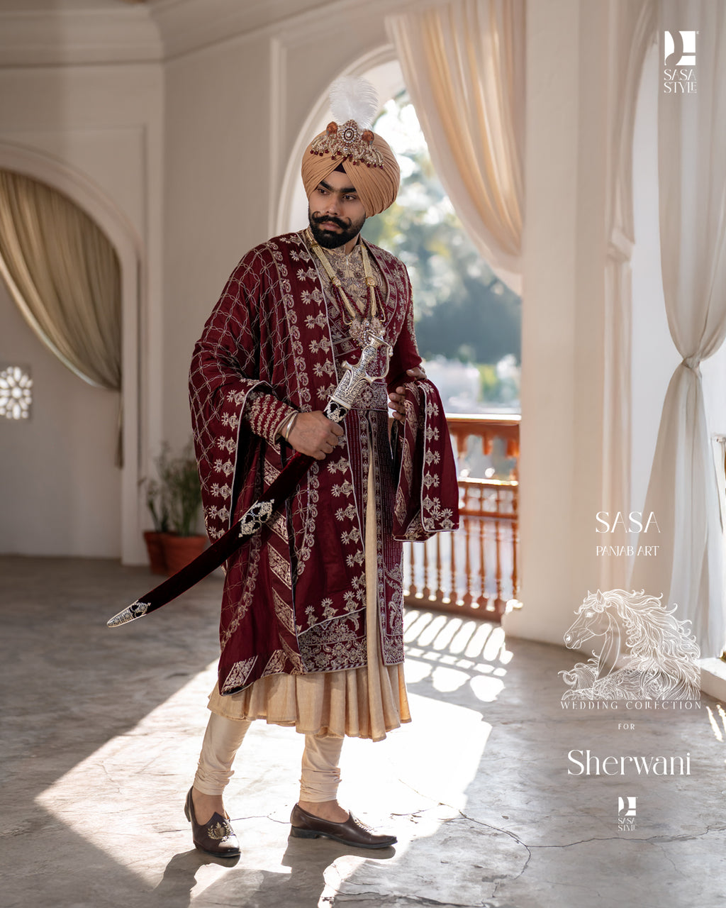 Majestic Deep Maroon Sherwani with Gold Beige Angrakha Elegance