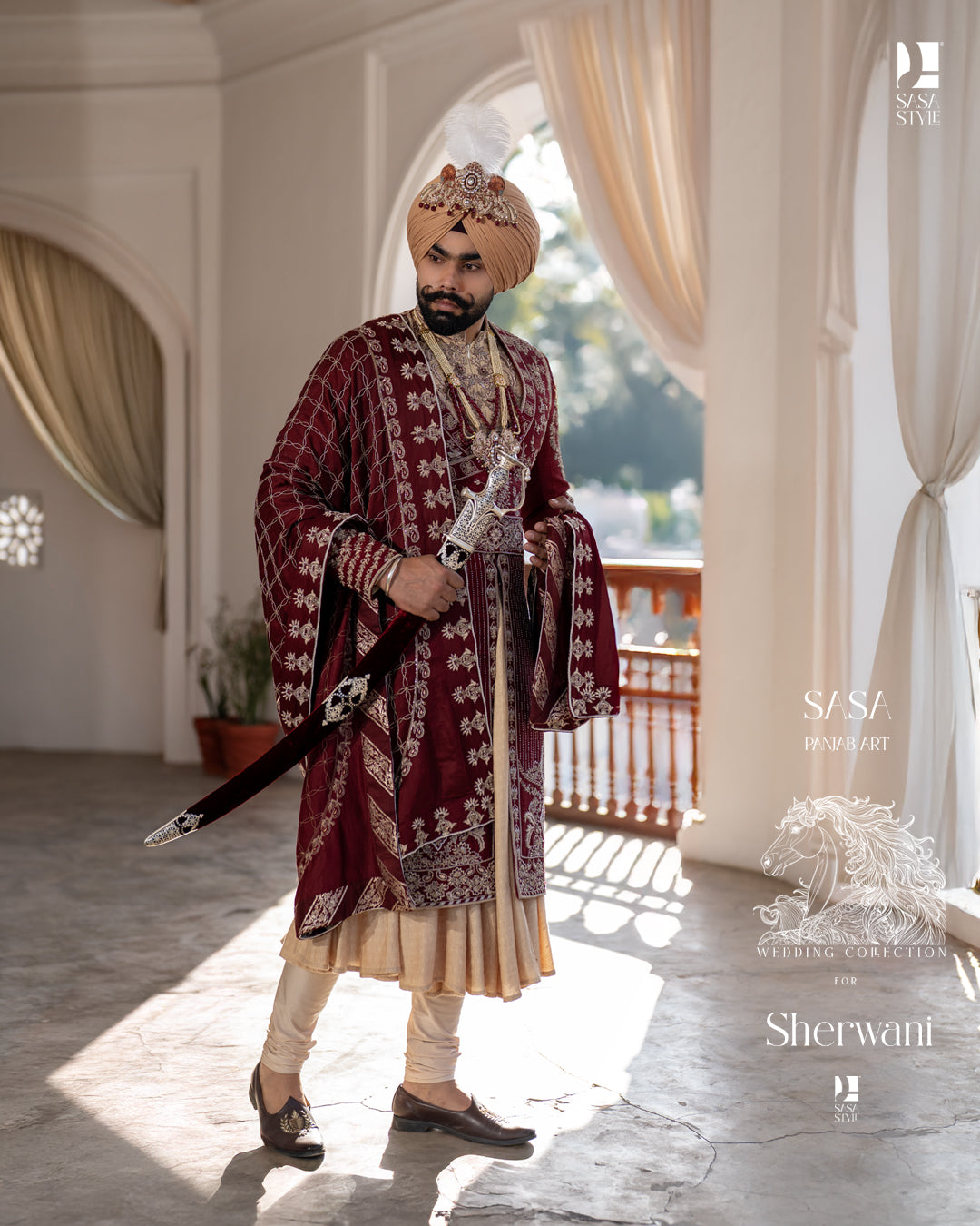 Majestic Deep Maroon Sherwani with Gold Beige Angrakha Elegance