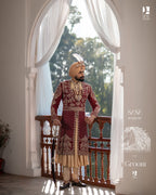 Majestic Deep Maroon Sherwani with Gold Beige Angrakha Elegance
