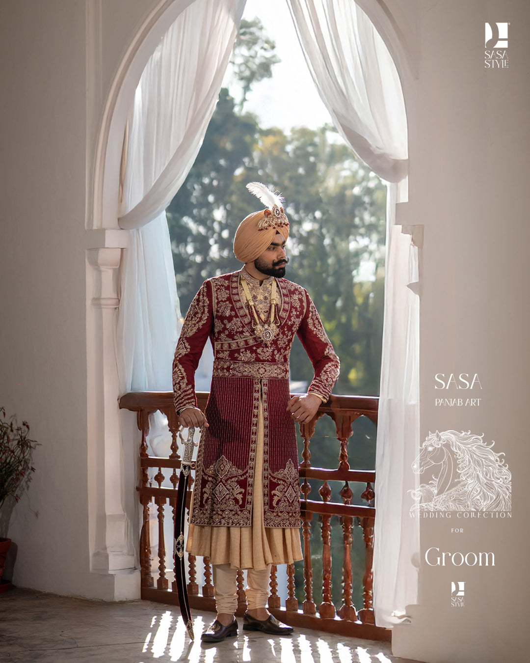 Majestic Deep Maroon Sherwani with Gold Beige Angrakha Elegance