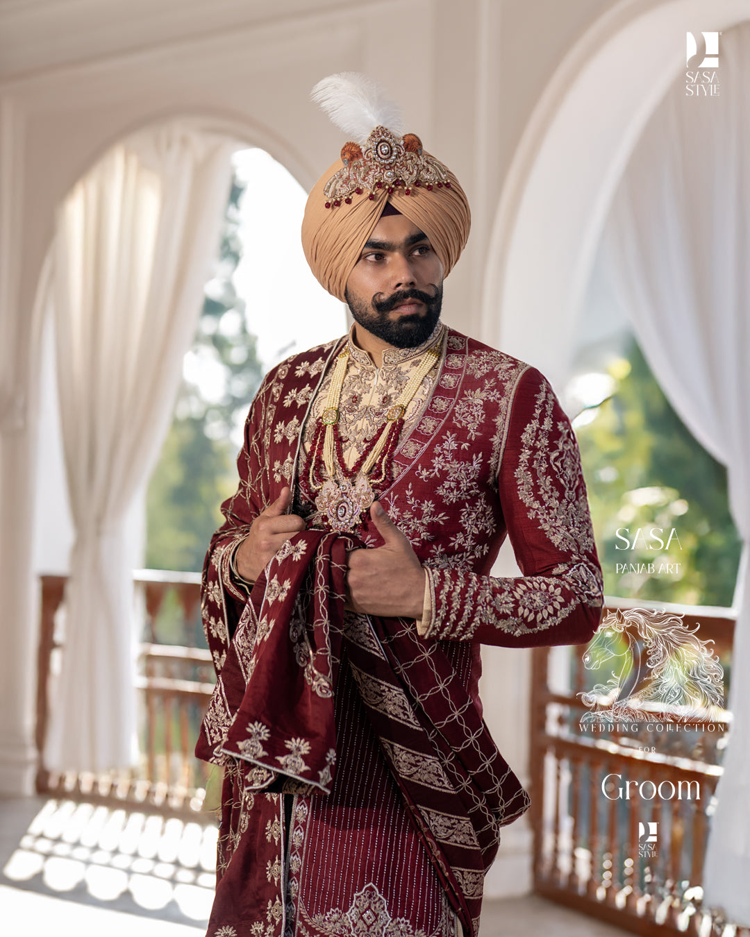 Majestic Deep Maroon Sherwani with Gold Beige Angrakha Elegance