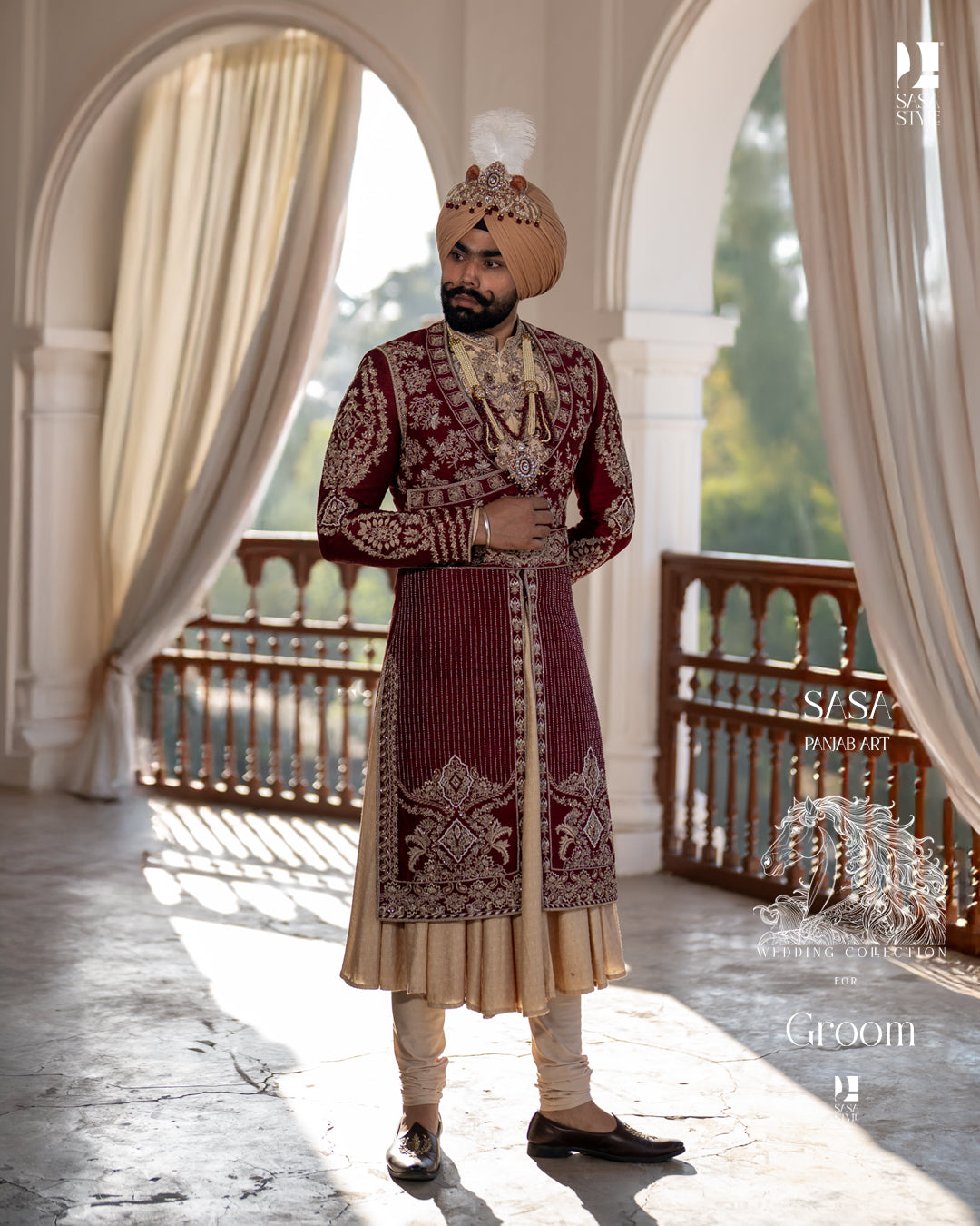 Majestic Deep Maroon Sherwani with Gold Beige Angrakha Elegance