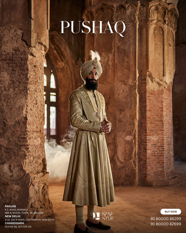 Majestic Greenish-Olive Pushaq with Golden Elegance for Sikh Wedding