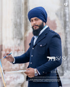 Midnight Blue Blazer Paired with Elegant Light Gray Tailored Pants