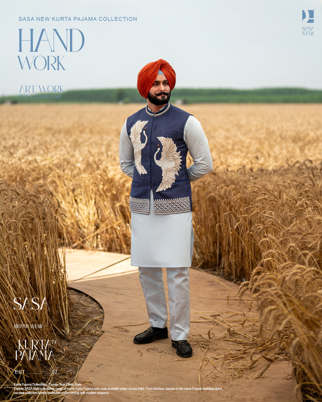Midnight Blue Swan Embroidered Jacket with Sky Blue Kurta Pajama