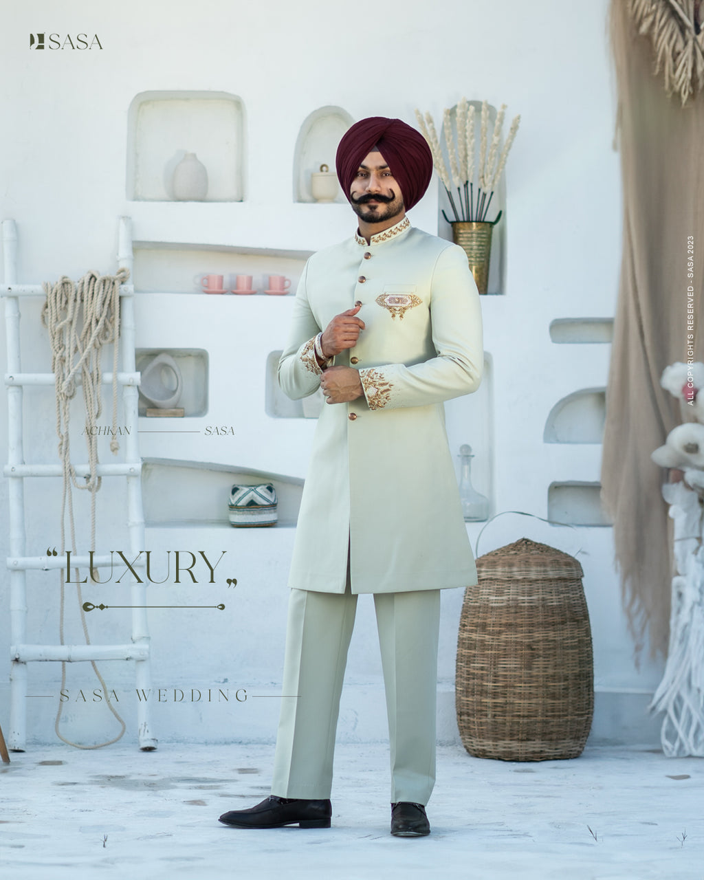 Mint Green Achkan with Embroidered Elegance