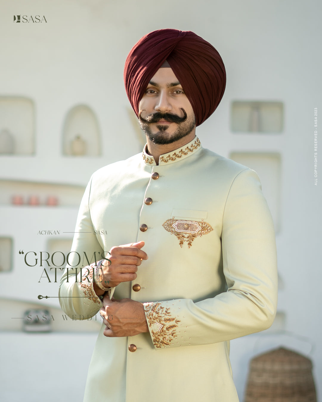 Mint Green Achkan with Embroidered Elegance