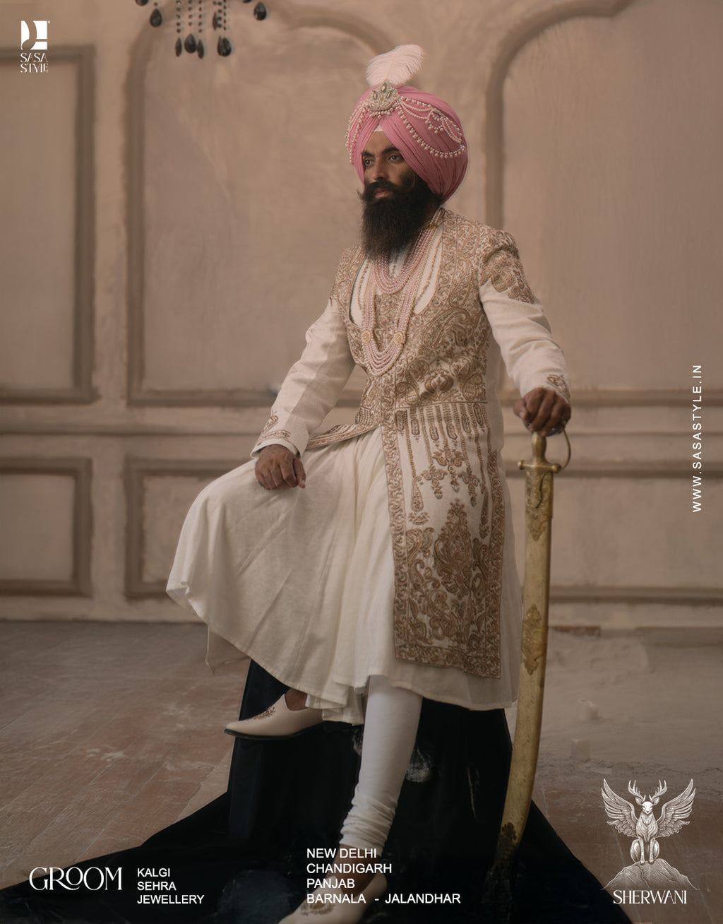 Mughal Inspired Cream Angrakha Sherwani with Regal Hand Embroidery