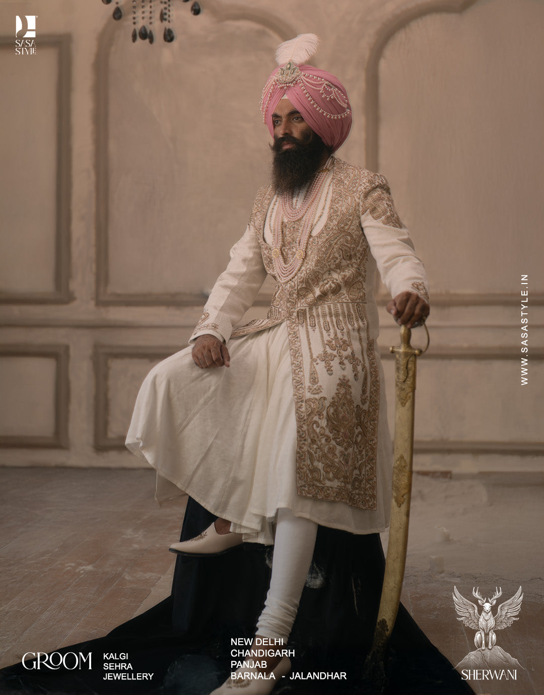 Mughal Inspired Cream Angrakha Sherwani with Regal Hand Embroidery
