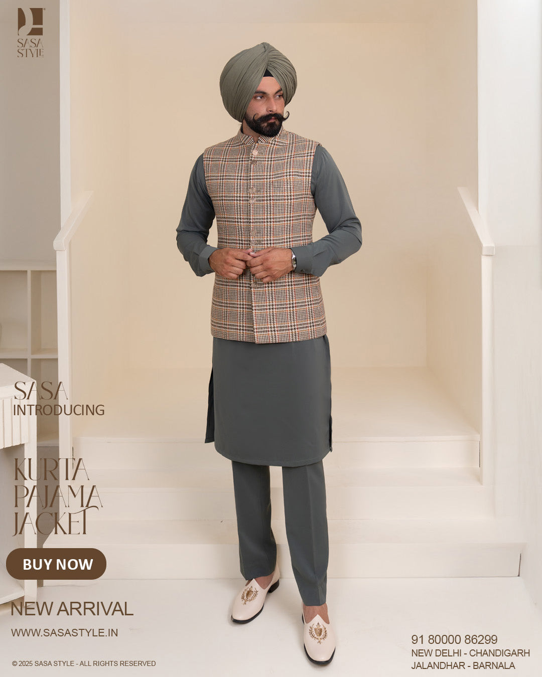 Multiline Cream Jacket with Dark Slate Green Kurta Pajama