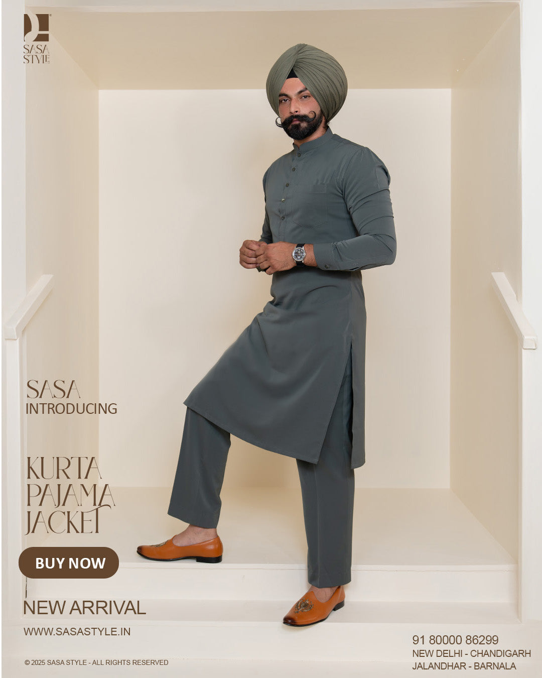 Multiline Cream Jacket with Dark Slate Green Kurta Pajama