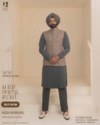 Multiline Cream Jacket with Dark Slate Green Kurta Pajama