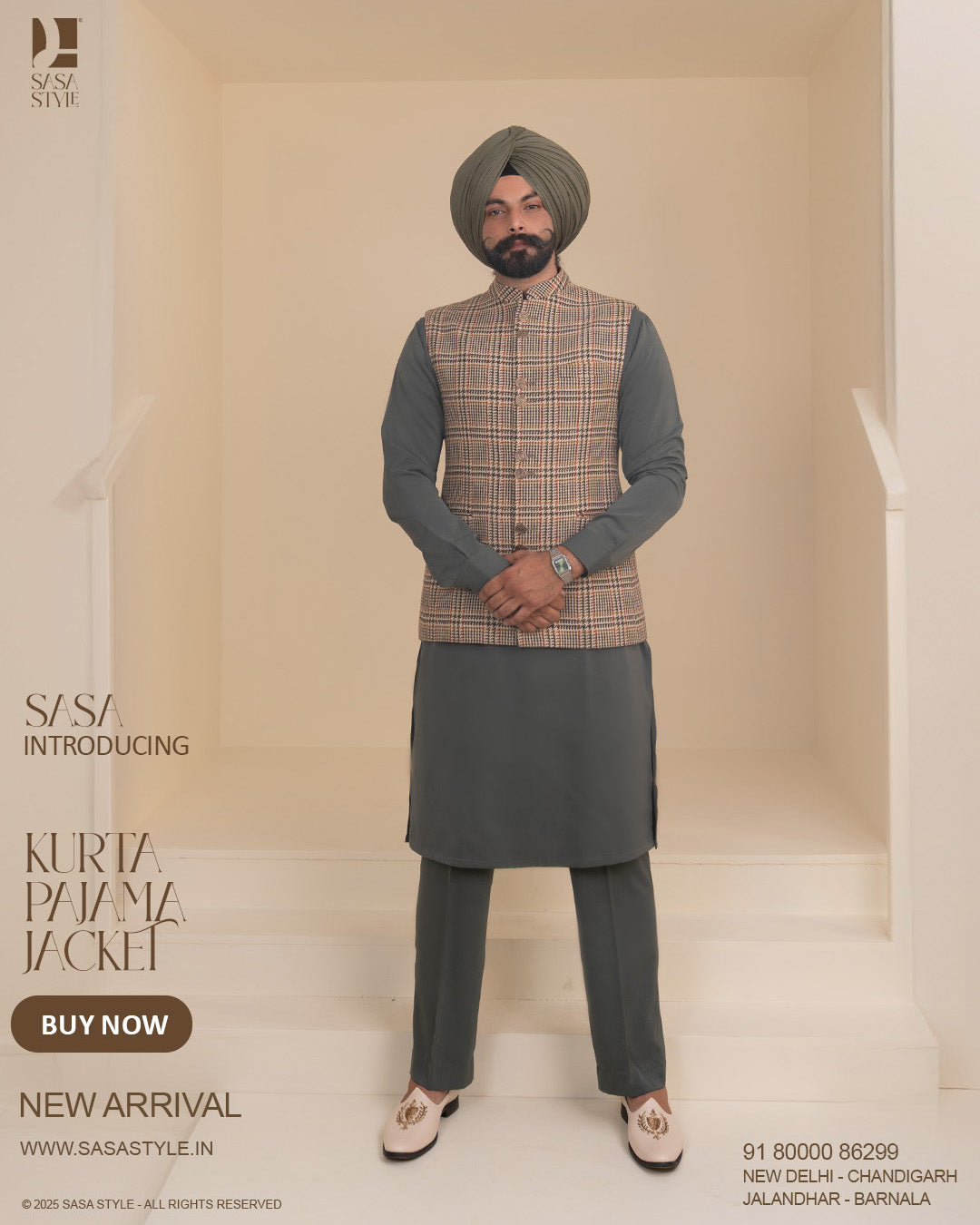 Multiline Cream Jacket with Dark Slate Green Kurta Pajama
