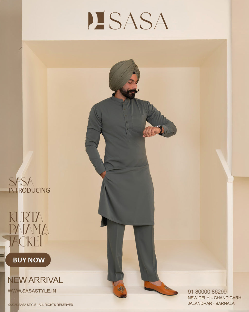 Multiline Cream Jacket with Dark Slate Green Kurta Pajama