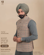 Multiline Cream Jacket with Dark Slate Green Kurta Pajama