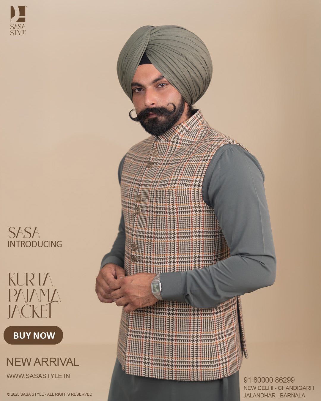 Multiline Cream Jacket with Dark Slate Green Kurta Pajama