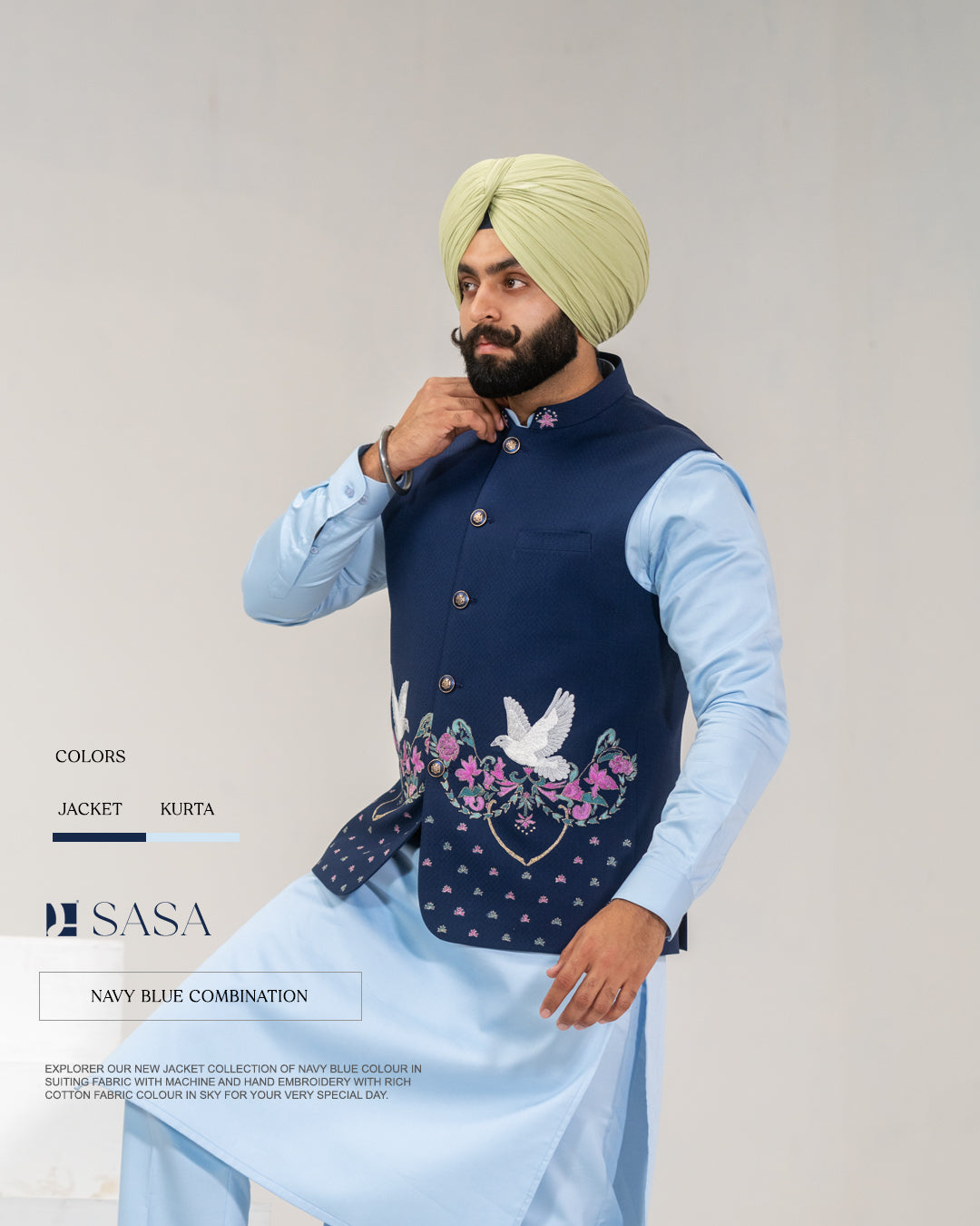 Navy Blue Embroidered Jacket with Sky Blue Kurta Pajama