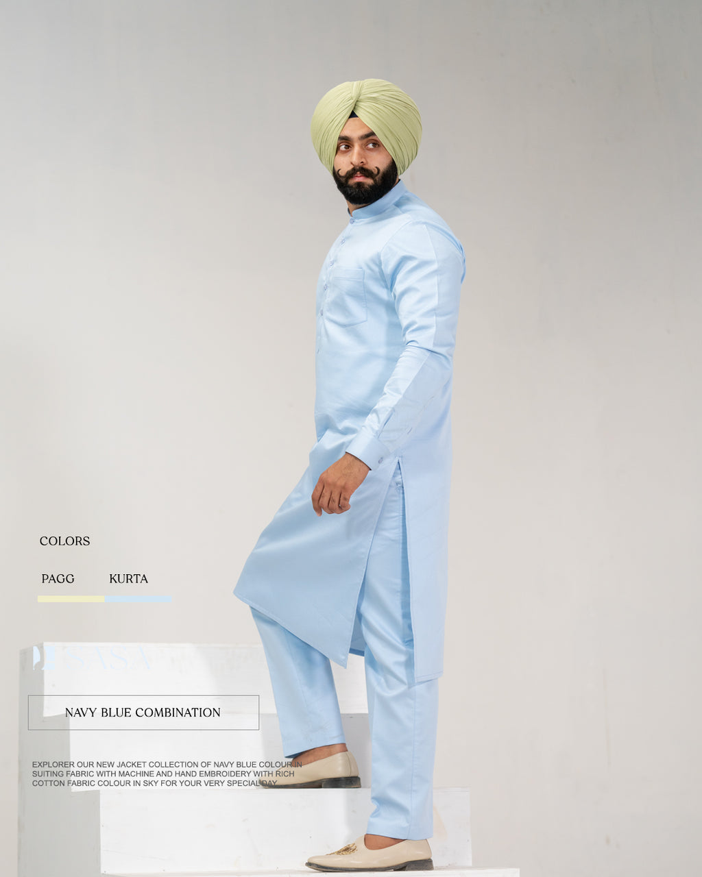 Navy Blue Embroidered Jacket with Sky Blue Kurta Pajama