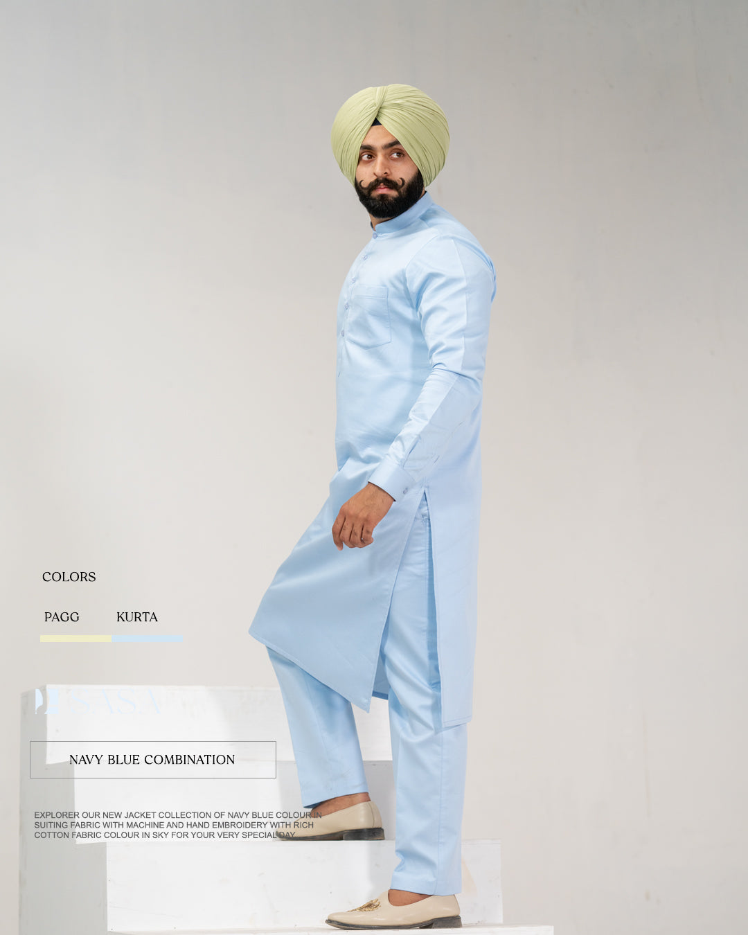 Navy Blue Embroidered Jacket with Sky Blue Kurta Pajama