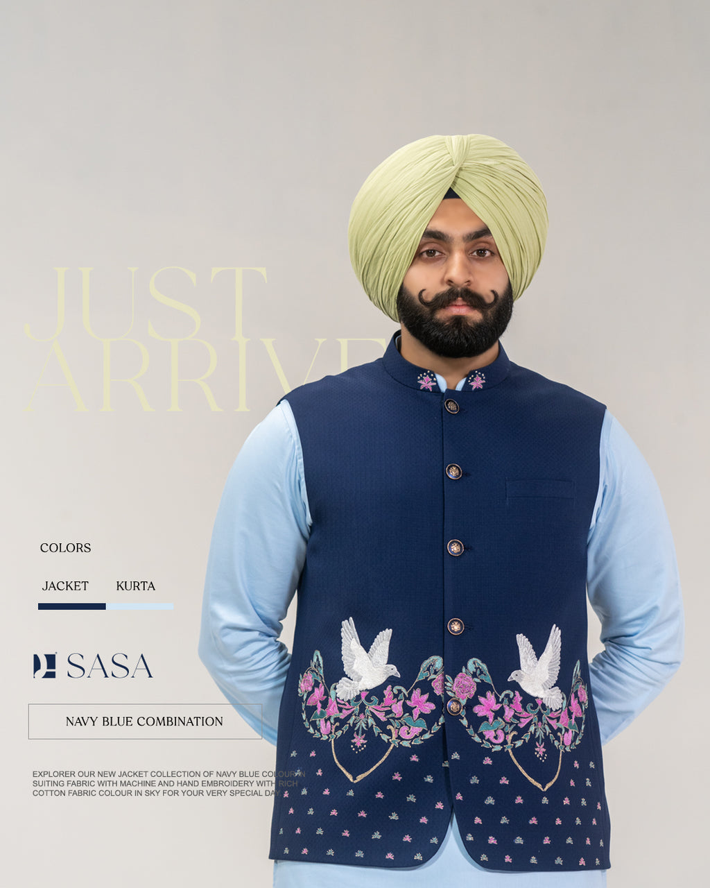 Navy Blue Embroidered Jacket with Sky Blue Kurta Pajama