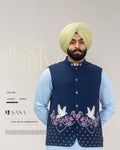 Navy Blue Embroidered Jacket with Sky Blue Kurta Pajama