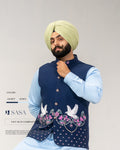 Navy Blue Embroidered Jacket with Sky Blue Kurta Pajama